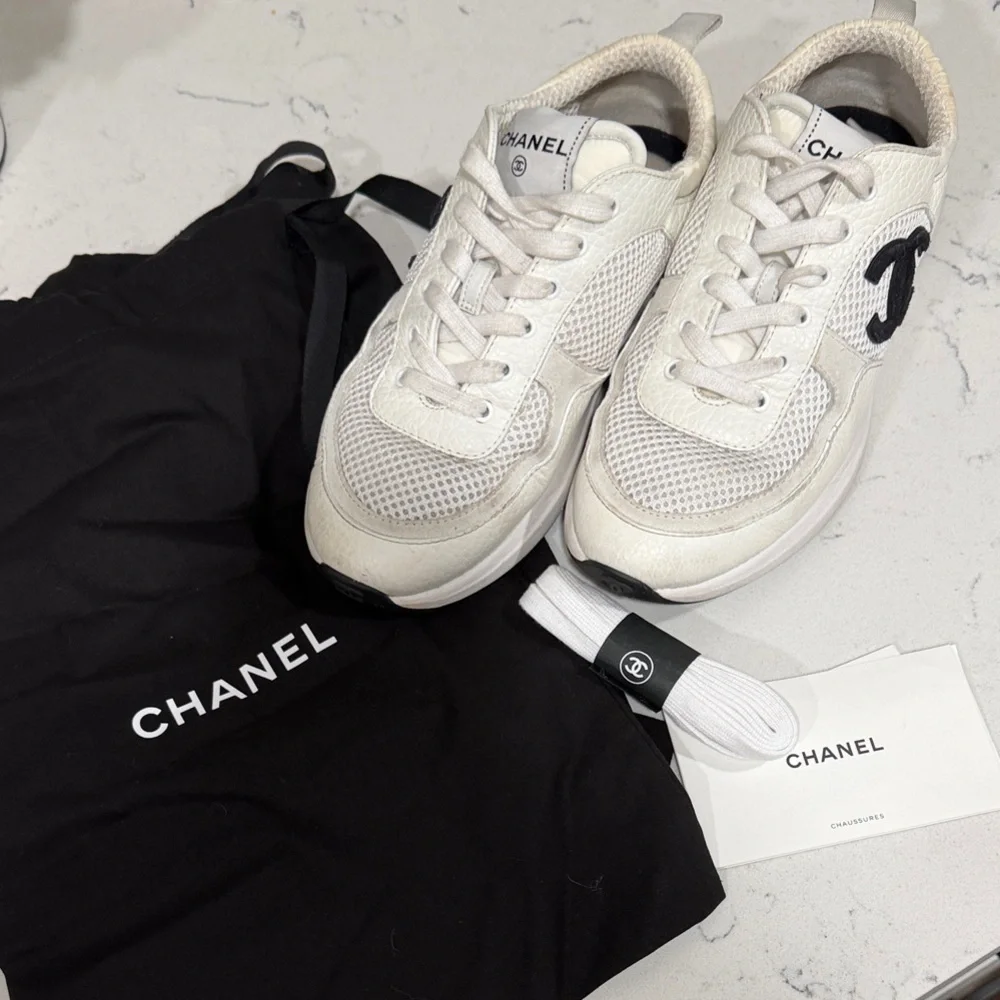 CHANEL Women's Cream and Black Sneakers Size 37.5